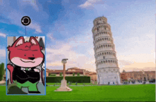 a cartoon of a fox standing in front of the leaning tower
