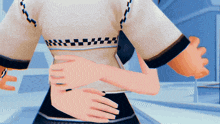 a cartoon character with a checkered shirt and black sleeves