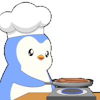 a penguin wearing a chef 's hat is cooking a piece of meat