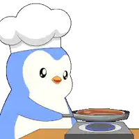a penguin wearing a chef 's hat is cooking a piece of meat