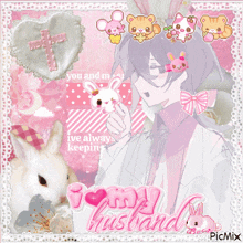 a picture of a man holding a rabbit with the words i love my husband on the bottom