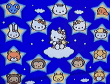 hello kitty is surrounded by many stars and animals on a blue background