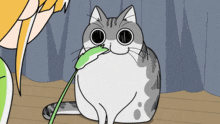 a cartoon of a cat playing with a green stick