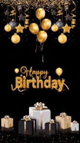 a birthday card with gifts and balloons and the words happy birthday