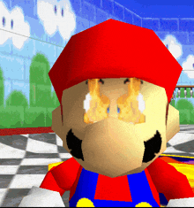 a close up of a video game character 's face with fire coming out of his eyes
