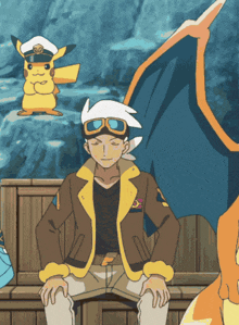 a cartoon of a man sitting on a bench with pikachu and charizard behind him