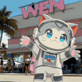 a cartoon cat wearing a space suit is standing in front of a building that says wen