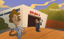 a cartoon of a man standing in front of a studio 3 building