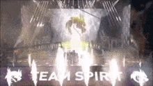 a group of people are standing on a stage with the word team spirit written on it