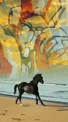 a horse walking on a beach with a painting of a man behind it