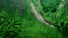 a painting of a bird flying through a lush green field