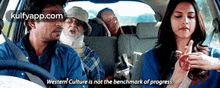 a woman is sitting in a car with a caption that says western culture is not the benchmark of progress