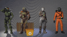 a group of video game characters standing next to each other with a recycling bin in the middle
