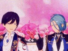 a couple of anime characters standing next to each other in front of a pink background .