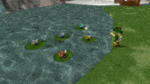 a video game scene with frogs floating on lily pads
