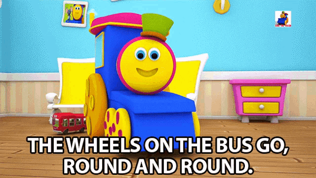 a colorful toy train with the words 
