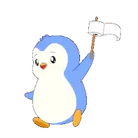 a blue and white penguin is holding a marshmallow and a flag