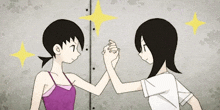 two anime girls are holding hands and looking at each other in front of a wall .