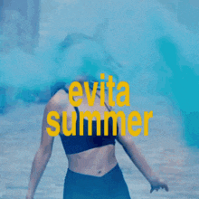 a woman in a bikini is smiling with the words " evitar summer " written above her
