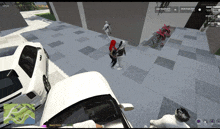 a screenshot of a video game shows a woman in a red head scarf walking down the street
