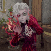 a cartoon character with white hair and red eyes is holding a red object