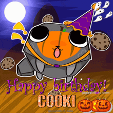 a cartoon drawing of a pumpkin wearing a halloween hat with the words happy birthday cookie