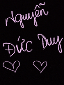 the name duc duy is written in chalk on a black board
