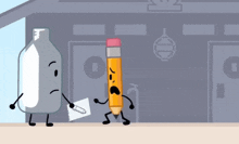 a cartoon drawing of a bottle and a pencil with faces