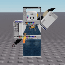 a cartoon character with overalls and a brush has a smiley face on his screen