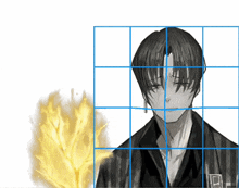 a black and white drawing of a man with a blue grid around him
