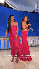 two women in pink dresses are standing next to each other with a caption that says " get qualified if you support and uplift other people "