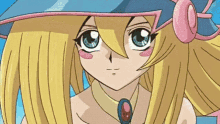 a close up of a blonde anime girl wearing a blue hat and pink headphones .