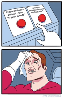 a cartoon of a man being told to follow his boss 's advice to have no jokes in code