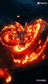 a dragon is surrounded by flames and looks like it is glowing in the dark