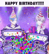two anime characters wearing party hats are surrounded by confetti and the words happy birthday