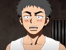 a close up of a cartoon character with a white tank top