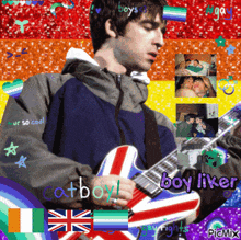 a picture of a man playing a guitar with the words boy like on the bottom right