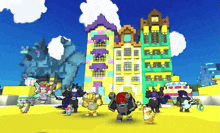 a bunch of cartoon characters are standing in front of a building