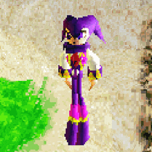 a pixel art of a jester standing on a sandy beach