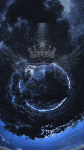 a cloudy sky with a crown and wings in the foreground