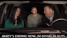 a group of people are sitting in a car with the words party 's ending now im going in guys