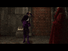 a purple clown is holding a rope in a dark room