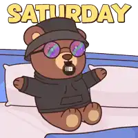 a cartoon of a teddy bear wearing sunglasses and a hat with saturday written above it