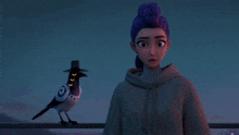 a girl with purple hair stands next to a bird with a hat on