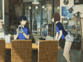 a man holding a cell phone looks at a girl