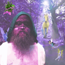 a man with a beard is surrounded by fairies and a unicorn in a purple forest