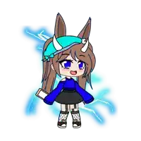 a girl with horns is wearing a blue shirt