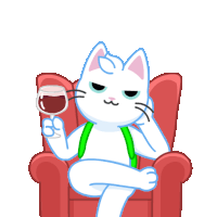 a white cat sitting in a red chair holding a glass of wine