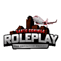 a logo for santo domingo roleplay with an airplane flying over a city