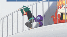 a boy with green hair is hanging from a railing with a purple monster behind him